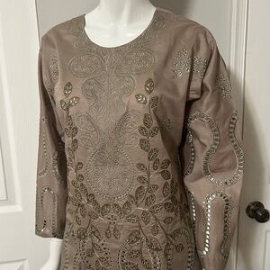 Elegant Embroidered Brown dress with organza dupatta